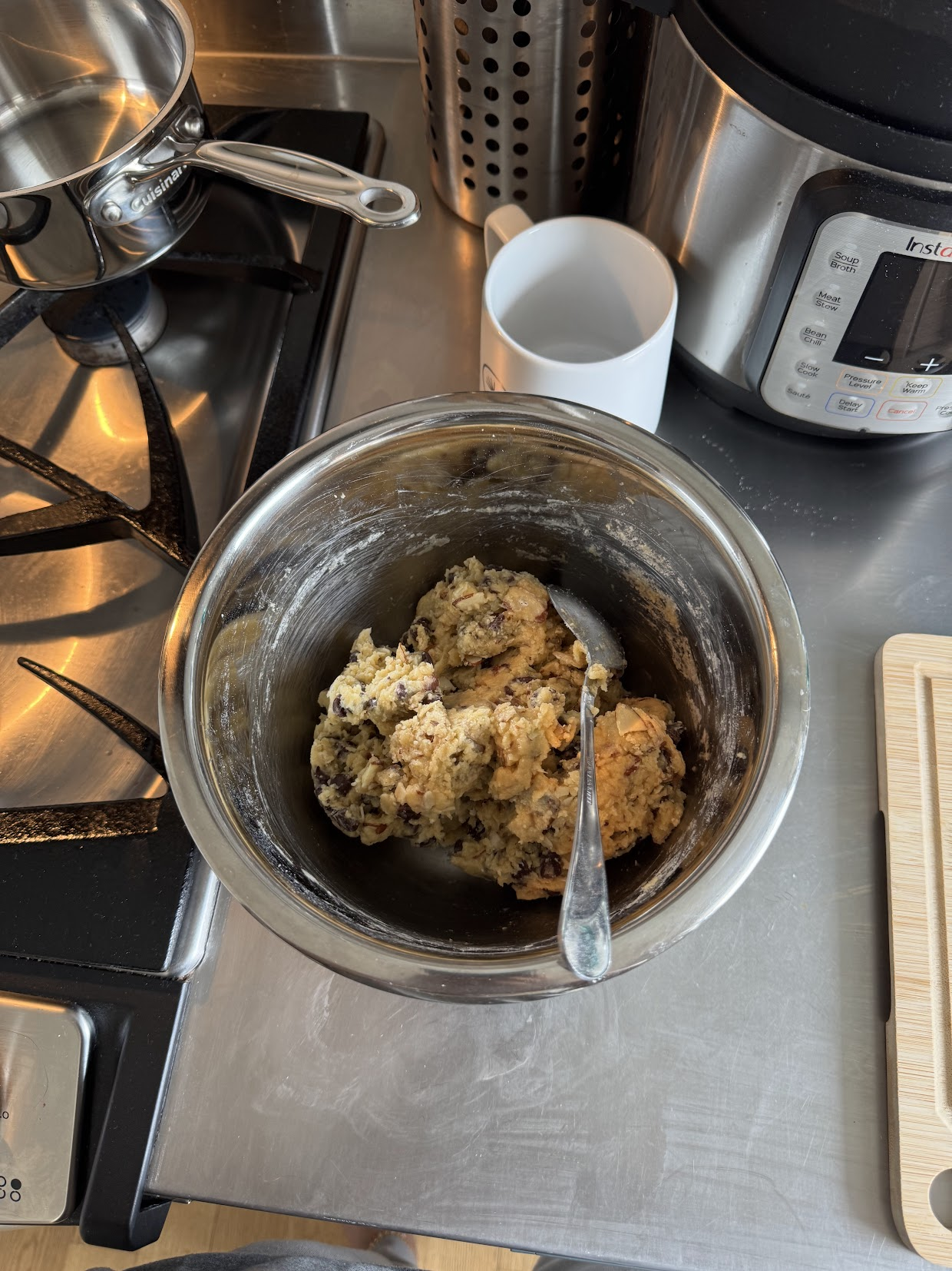 Chocolate chip biscotti dough in a mixing bowl